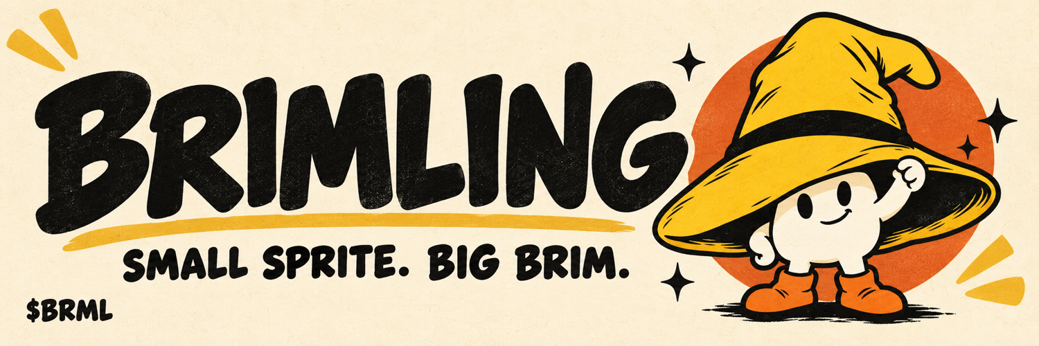 Brimling brand banner: Small sprite. Big brim. The golden-hat mascot beside the BRIMLING wordmark.